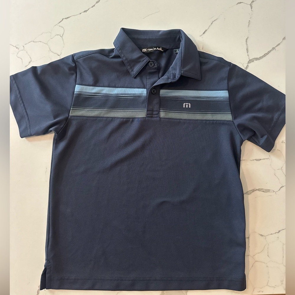 TravisMathew Boys Polo Shirt Small Blue Performance Golf Shirt Stripe Chest